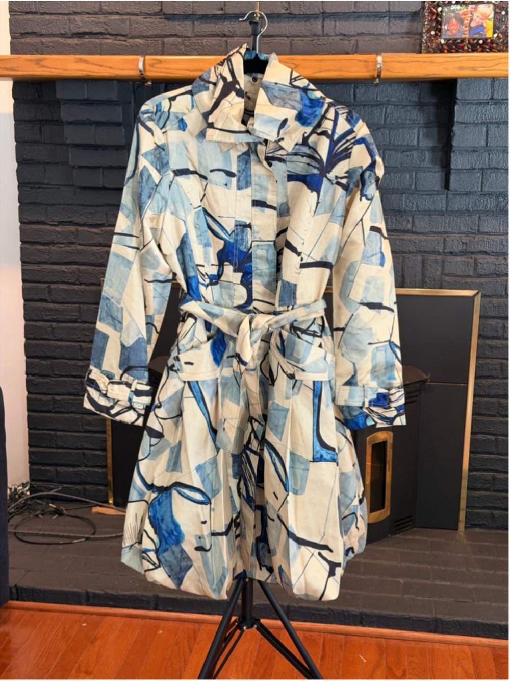 Samuel Dong Abstract Print Bubble Trench Coat, White/Blue, Various Sizes, NWT